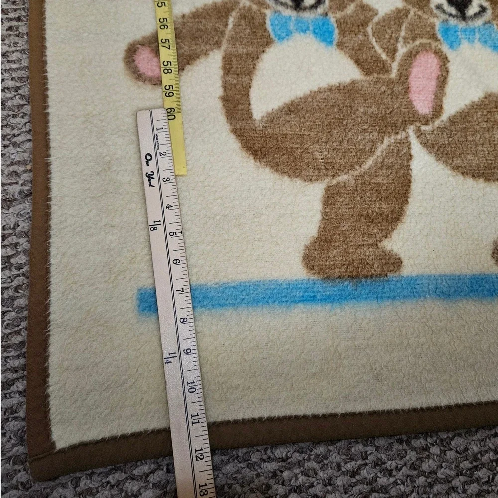 Vintage Biederlack Dancing Teddy Bear Blanket Fleece Reversible Brown Cream USA